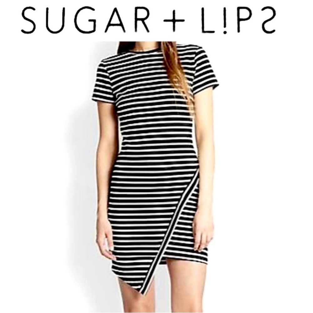 SUGAR+LIPS Black/White Striped Asymmetrical Bodycon Dress Size L  ex like new